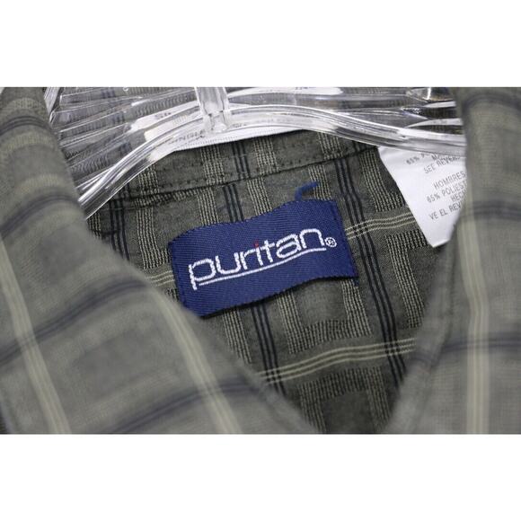 Puritan Mens Size Large Button Up Down Long Sleeve Check Shirt Olive Green - Picture 5 of 7
